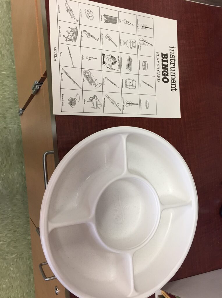 instrument sorting activity using a BINGO game and dip tray