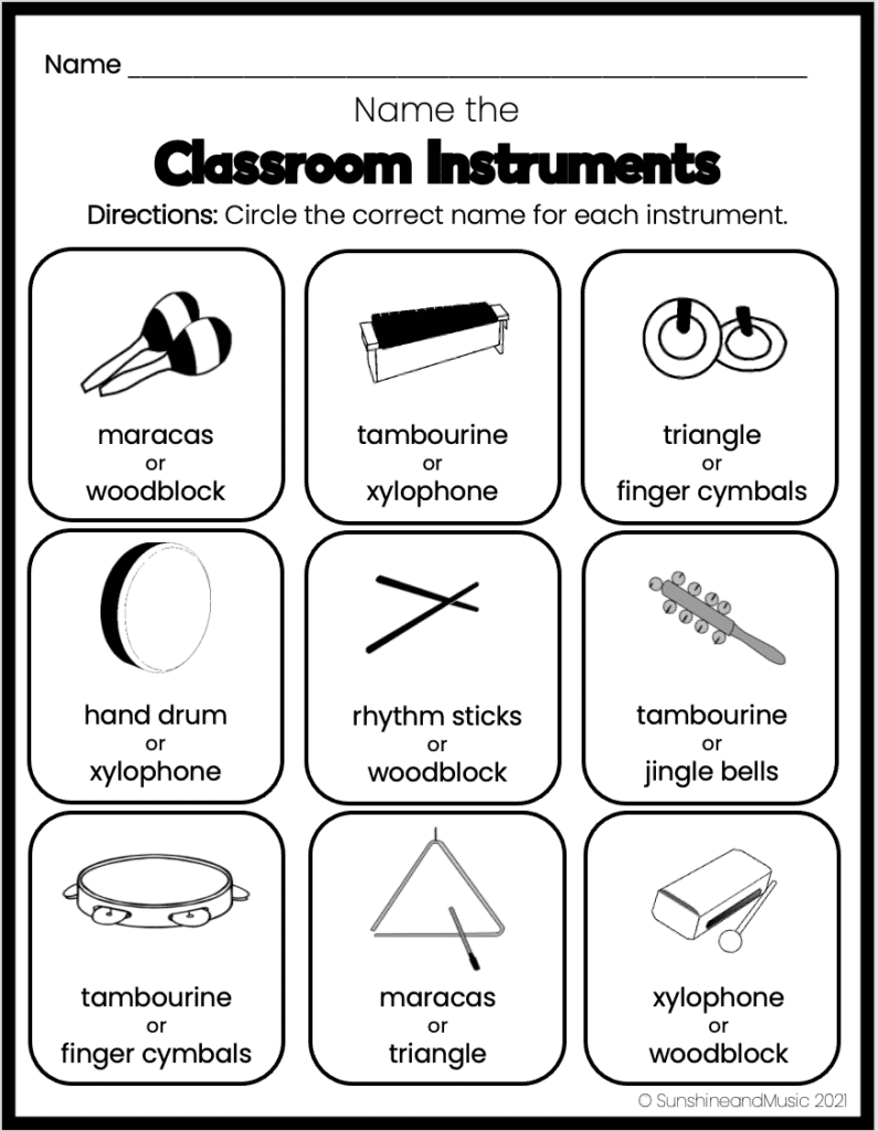 classroom instrument worksheet for kids