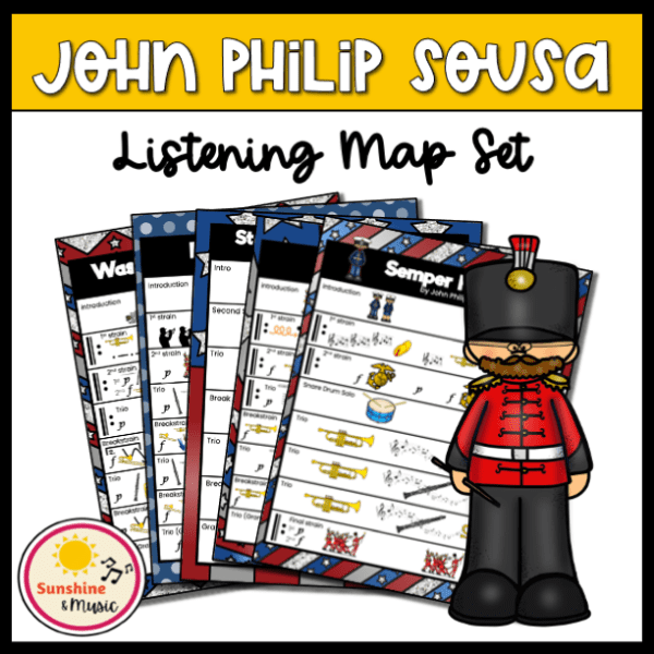 set of listening maps with figure of John Philip Sousa standing next to it entitled John Philip Sousa Listening Map Set