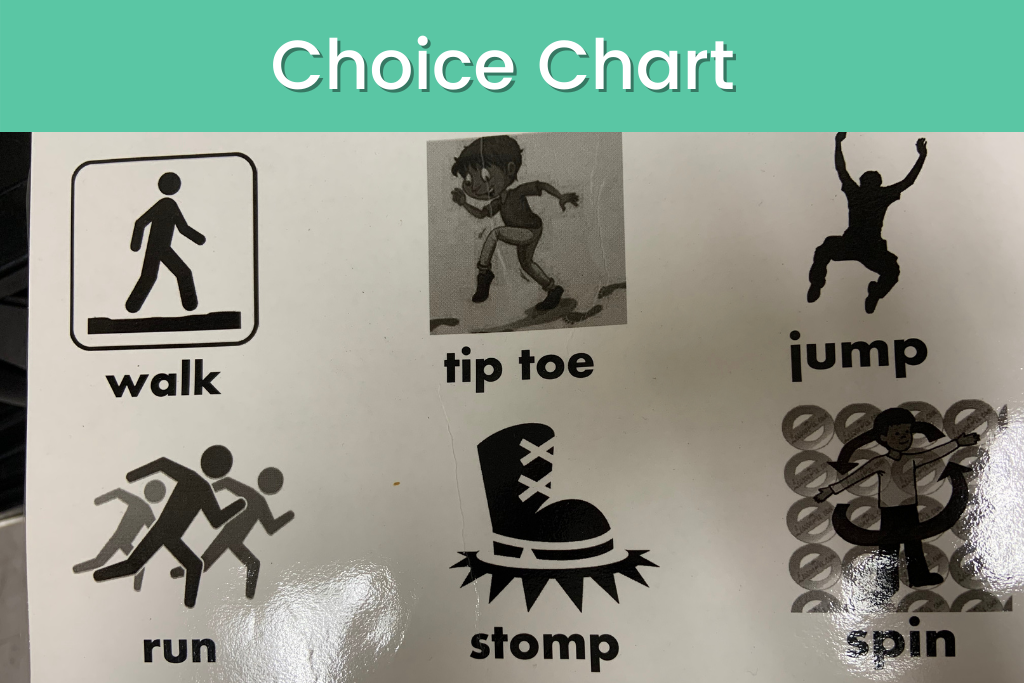 choice chart for special ed with movements such as walk, tip toe, jump, run, stomp, and spin