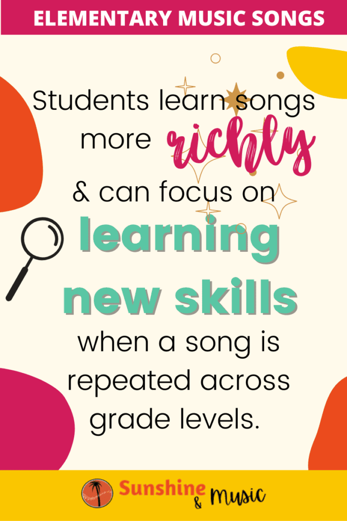 text: students learn sons more richly & can focus on learning new skills when a song is repeated across grade levels