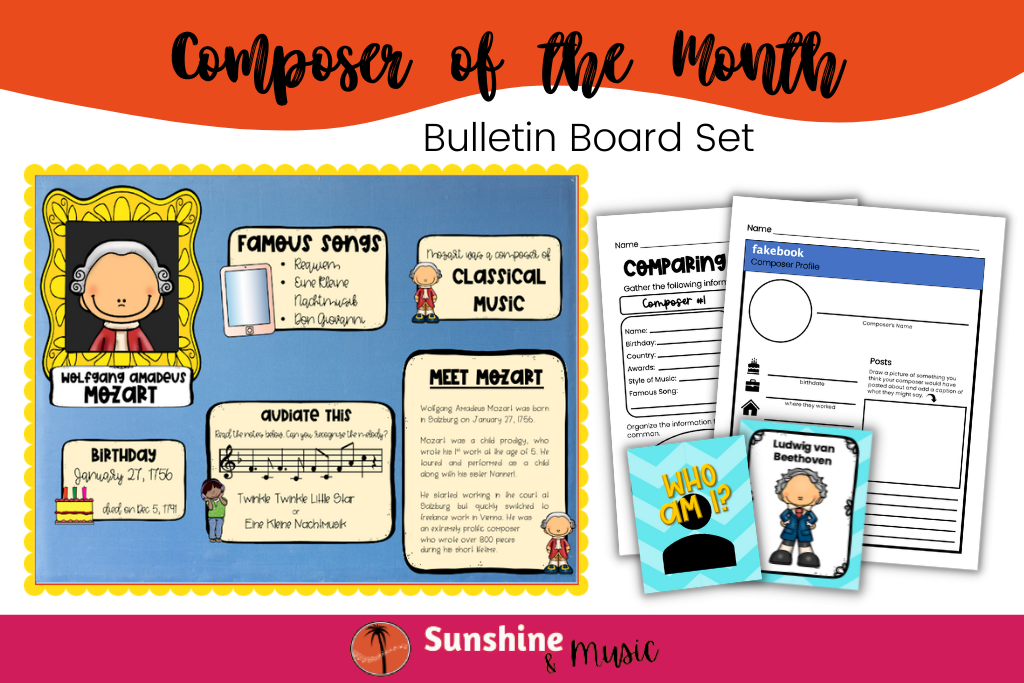 composer of the month bulletin board set with accompanying worksheets and composer game