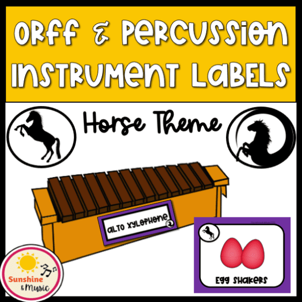 orff and percussion instrument labels horse theme (picture of xylophone with label and egg shaker label with horse mascot icon)
