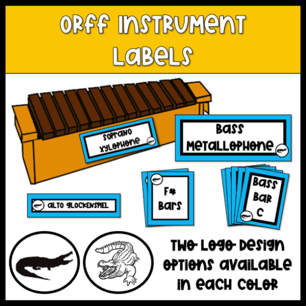 orff instrument labels with two different alligator mascot designs