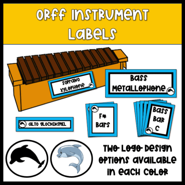 orff instrument labels dolphin theme with two different dolphin icons to choose from