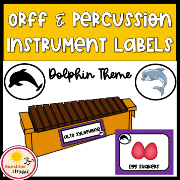 orff and percussion musical instrument labels with picture of xylophone and egg shaker labels