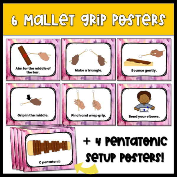 6 orff instrument expectation posters illustrating correct mallet grip and how to correctly play the orff instruments