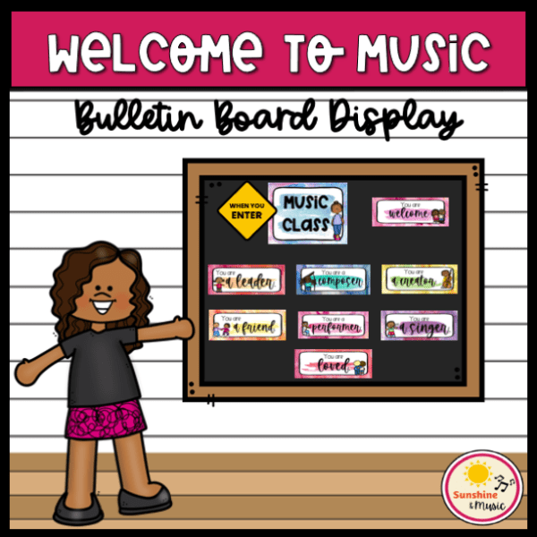 image: music teacher pointing to a bulletin board for music text: welcome to music bulletin board display