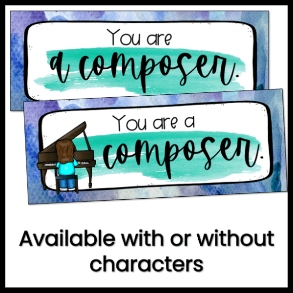 image: watercolor background affirmation card saying you are a composer. one card has a picture of a girl at the piano. one does not. text: available with or without characters