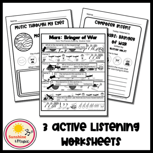 text: 3 active listening worksheets image: 3 worksheets for mars by gustav holst