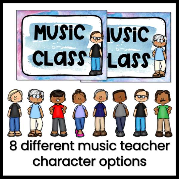 image: watercolor sign that says music class and 8 different teacher clipart characters text: 8 different music teacher character options