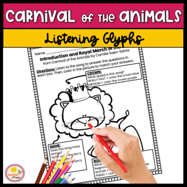 text: carnival of the animals listening glyphs image: someone coloring a listening glyph for Introduction and Royal March of the Lion
