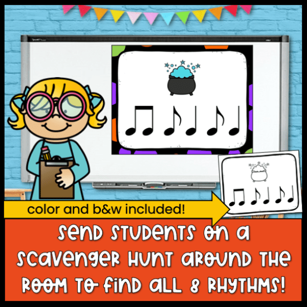 rhythm poster on the wall of a classroom with a rhythm and picture of a cauldron