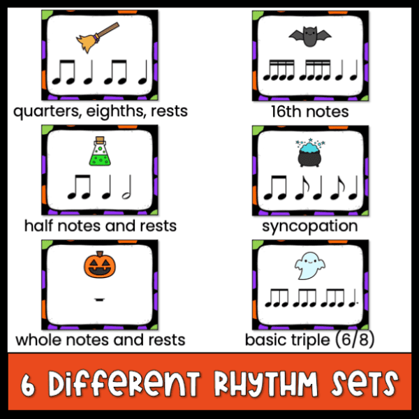 6 different rhythm sets from eight notes to syncopation and even triple meter