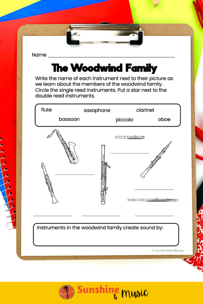 woodwind family worksheet in b&w with various woodwind instruments and blanks and a word bank with the names of woodwind instruments. at the bottom of the worksheet it asks instruments in the woodwind family create sound by ... The worksheet is on a clipboard with colored paper in the background.