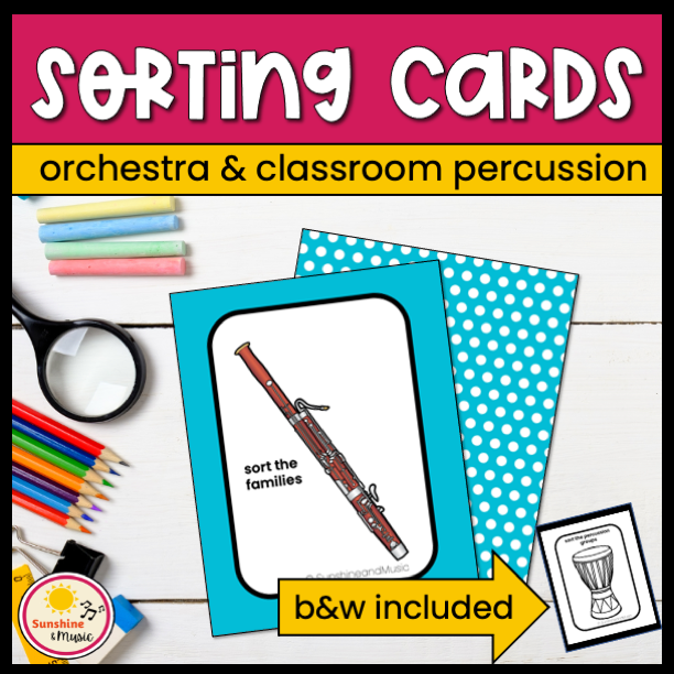 text: sorting cards orchestra & classroom percussion image: blue sorting card with a picture of a bassoon on a white desk background with an arrow pointing to a black and white card with text "b&w included"