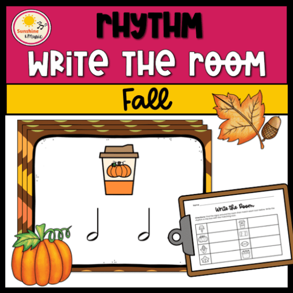 text: rhythm write the room fall image: rhythm poster with 2 half notes and a pumpkin spice coffee image on a background with autumnal colors and a student write the room worksheet on a clipboard