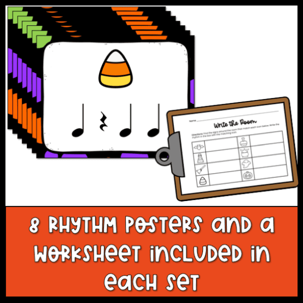 rhythm poster with a picture of candy corn and a student worksheet