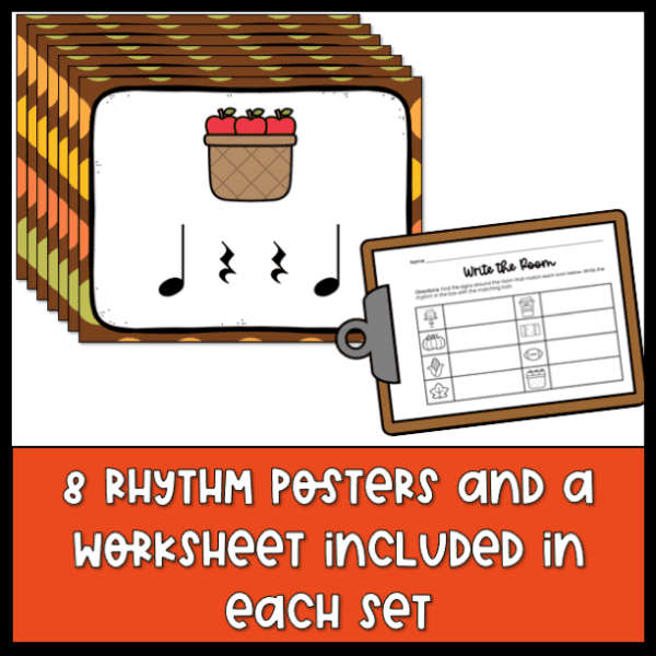 text: 8 rhythm posters and a worksheet included in each set image: 8 fall themed rhythm posters and a clipboard with a student worksheet