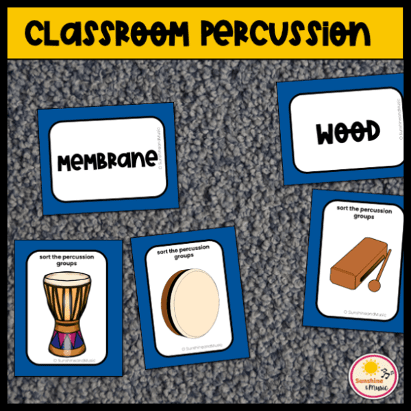 classroom percussion cards. card labeled membrane with cards with pictures of a djembe and hand drum underneath. card labeled wood with a card with a picture of a woodblock underneath