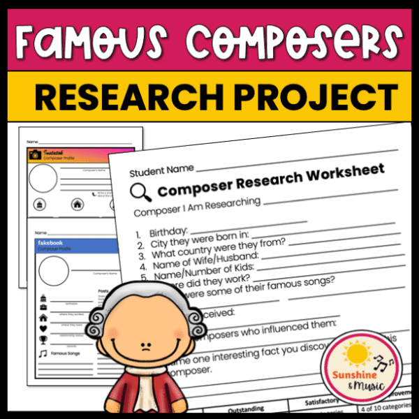 famous composers research project with social media profile templates and research worksheet