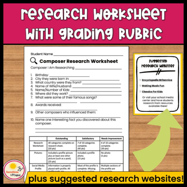 research worksheet with rubric for composer research project