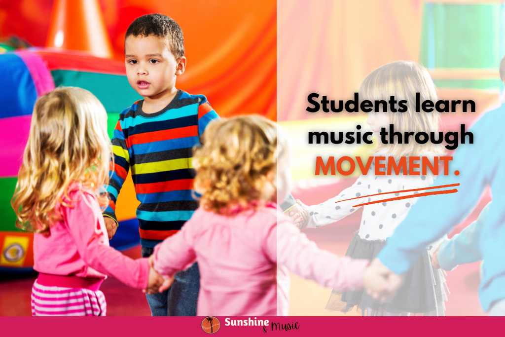 children holding hands in a circle text: Students learn music through movement