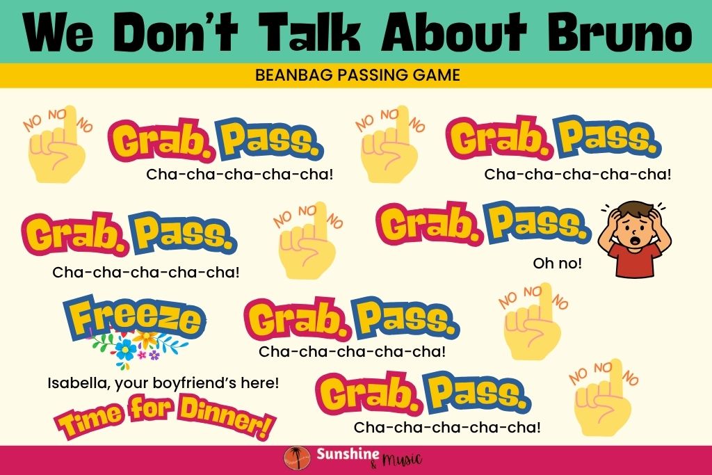 encanto music lesson for Hispanic Heritage Month - We Don't Talk About Bruno beanbag passing game