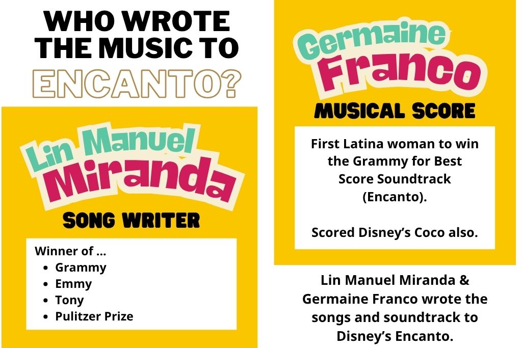 who wrote the music to Encanto: Lin Manuel Miranda song writer, Germaine Franco musical score